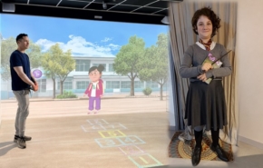 נויה דן ז"ל, על רקע מסך מתוך יחידת הלימוד 'החוויה האוטיסטית'.
