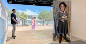 מעבדת הדמיון תנציח אותה ותקדם חינוך על אוטיזם. נויה דן ז"ל. צילום: עיבוד ממוחשב. מקור (בהתאמה): תמונת נויה, שצולמה על ידי המשפחה ומתפרסמת באישורה - באדיבות ארגון אלומות אור; ו-צילום המסך - שני שגב נויה דן ז"ל, על רקע מסך מתוך יחידת הלימוד 'החוויה האוטיסטית'.