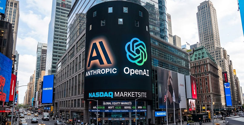 הדמיה של הלוגואים של OpenAI ואנת'רופיק על בניין בורסת נאסד"ק.