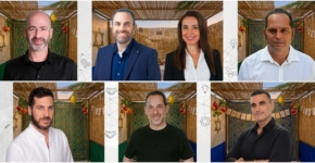 התארחו כאושפיזין בסוכת אנשים ומחשבים. מימין למעלה ובכיוון השעון: עמית אוסטרייכר, מייסד ומנכ"ל Xtras; עוזי יערי, סמנכ"ל הדיגיטל באלעד מערכות; שגיב גרינשפן, מנכ"ל פריוריטי; דניאל לייטנר, מנכ"ל תמיר פישמן קרנות נאמנות; איתי הכט, מנכ"ל PSYRX; נועה אשר, מנכ"לית NTT ישראל; שי הללי, שותף ו-CFO בברוקס קרת שירותים פיננסיים.