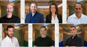 התארחו כאושפיזין בסוכת אנשים ומחשבים. מימין למעלה ובכיוון השעון: עמית אוסטרייכר, מייסד ומנכ"ל Xtras; עוזי יערי, סמנכ"ל הדיגיטל באלעד מערכות; שגיב גרינשפן, מנכ"ל פריוריטי; דניאל לייטנר, מנכ"ל תמיר פישמן קרנות נאמנות; איתי הכט, מנכ"ל PSYRX; נועה אשר, מנכ"לית NTT ישראל; שי הללי, שותף ו-CFO בברוקס קרת שירותים פיננסיים.