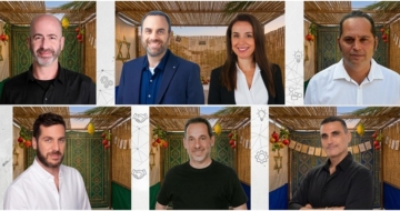 התארחו כאושפיזין בסוכת אנשים ומחשבים. מימין למעלה ובכיוון השעון: עמית אוסטרייכר, מייסד ומנכ"ל Xtras; עוזי יערי, סמנכ"ל הדיגיטל באלעד מערכות; שגיב גרינשפן, מנכ"ל פריוריטי; דניאל לייטנר, מנכ"ל תמיר פישמן קרנות נאמנות; איתי הכט, מנכ"ל PSYRX; נועה אשר, מנכ"לית NTT ישראל; שי הללי, שותף ו-CFO בברוקס קרת שירותים פיננסיים.
